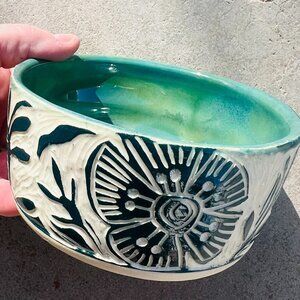 Green blue and White Carved Pottery Bowl Handmade